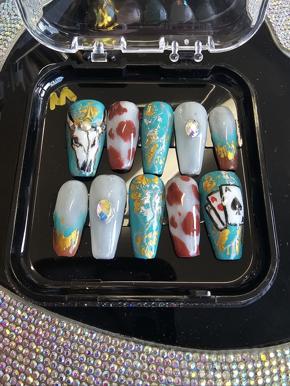 Hand-Painted Turquoise & White Press-On Nail Set with Gold Accents